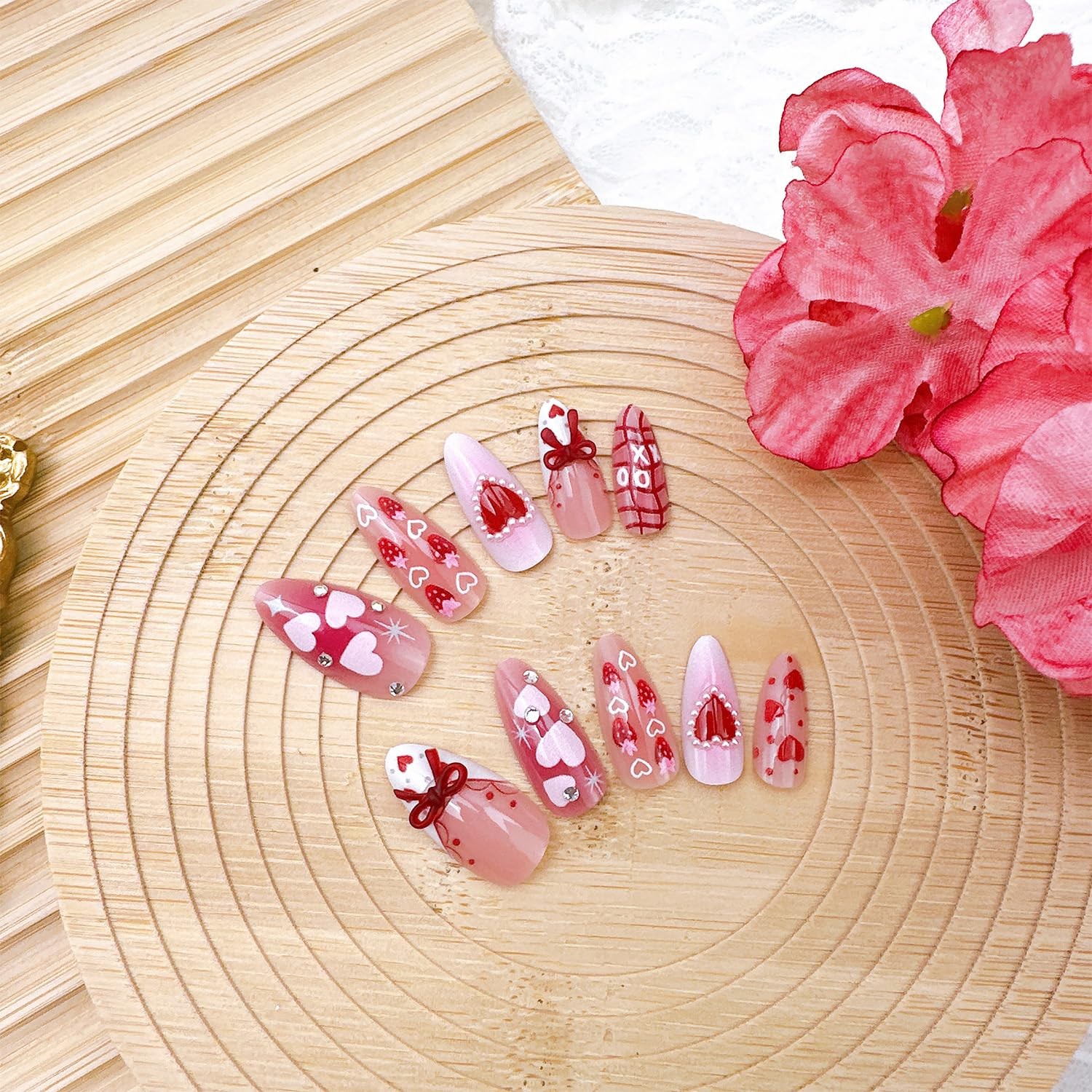 24pcs Valentines Press on Nails Medium Almond Fake Nails with Bow Heart Straw…