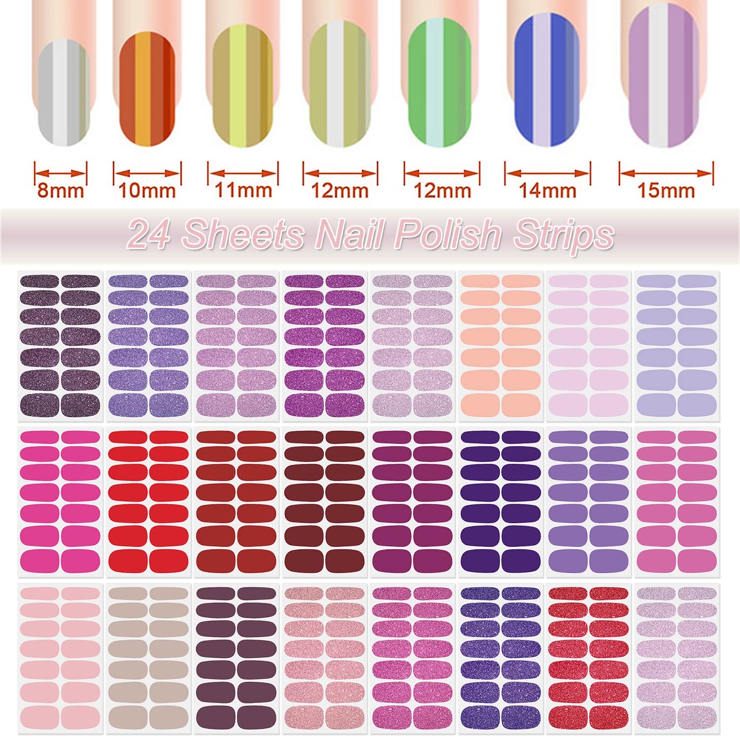 24 Sheets Solid Color Nail Polish Strips Glitter Nail Wraps Gel Nail Strips S…