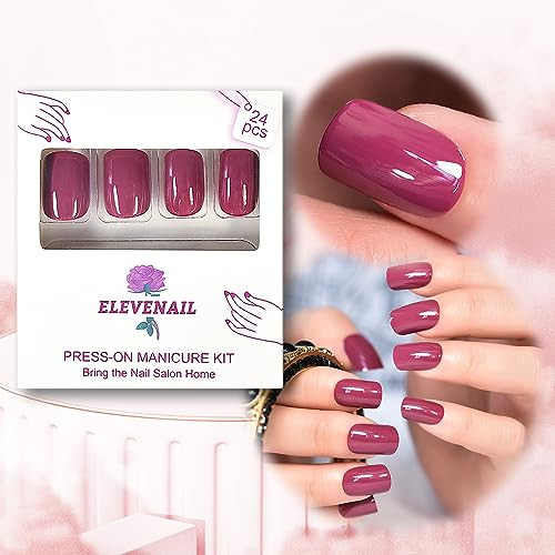 Press on Nails Glossy Dark Rose Pink False Nails Medium Length Dark Pink