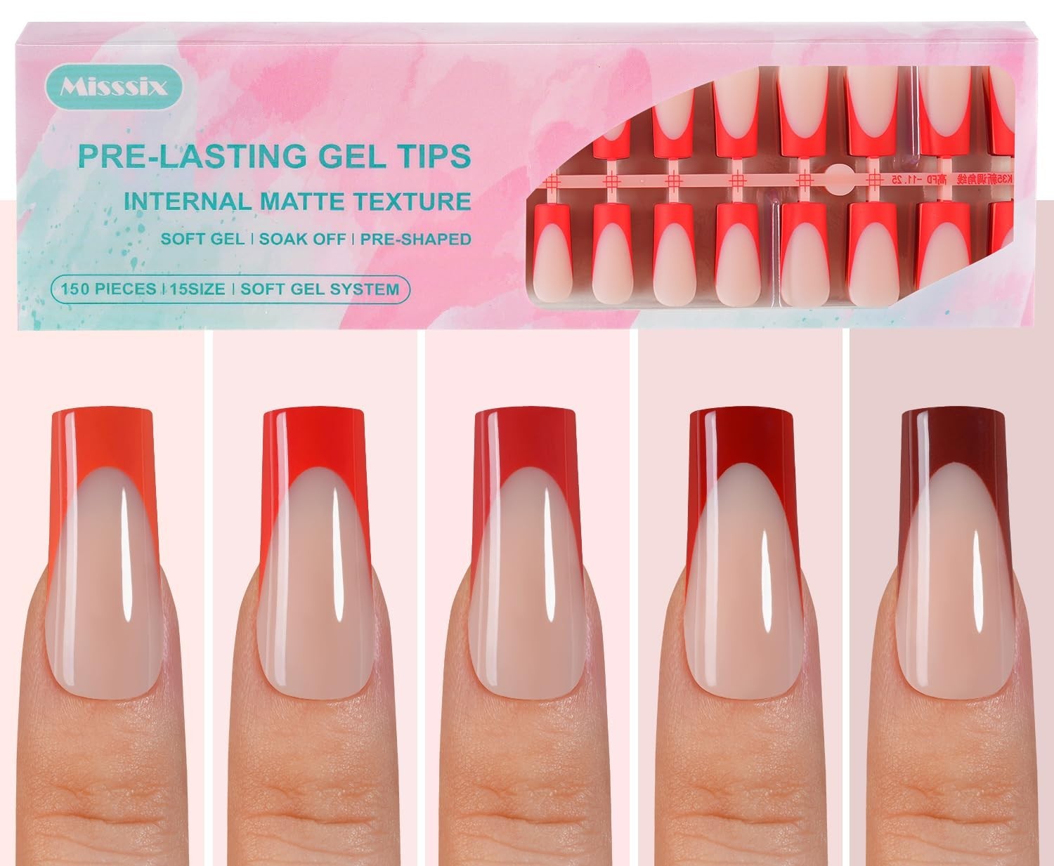 Red French Gel Nail Tips 150Pcs Long Square Soft Gel Prelasting Nail Art Set