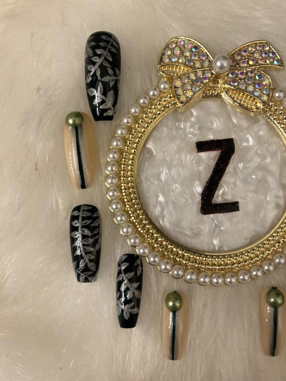 Z NAILZ! Gorgeous Set Of Dk Green/Beige L Coffin W/Bling Press On Nails