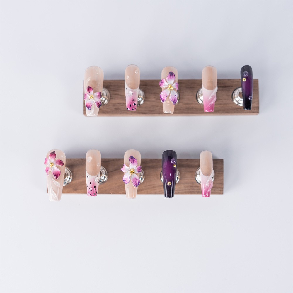 Handmade Press On Nails Purple Gradient Floral Rhinestone Long Coffin Fake Nails