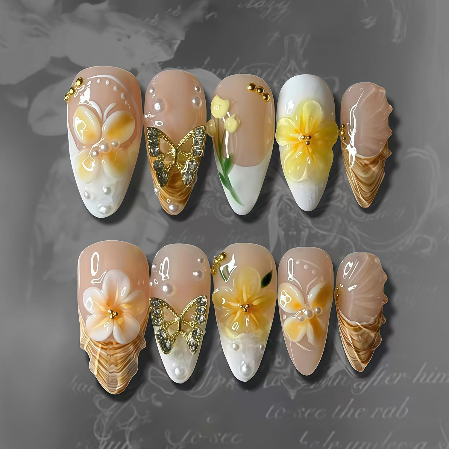 24Pcs Yellow Flower Press on Nails Medium Almond Fake Nails with 3D Gold Beads B