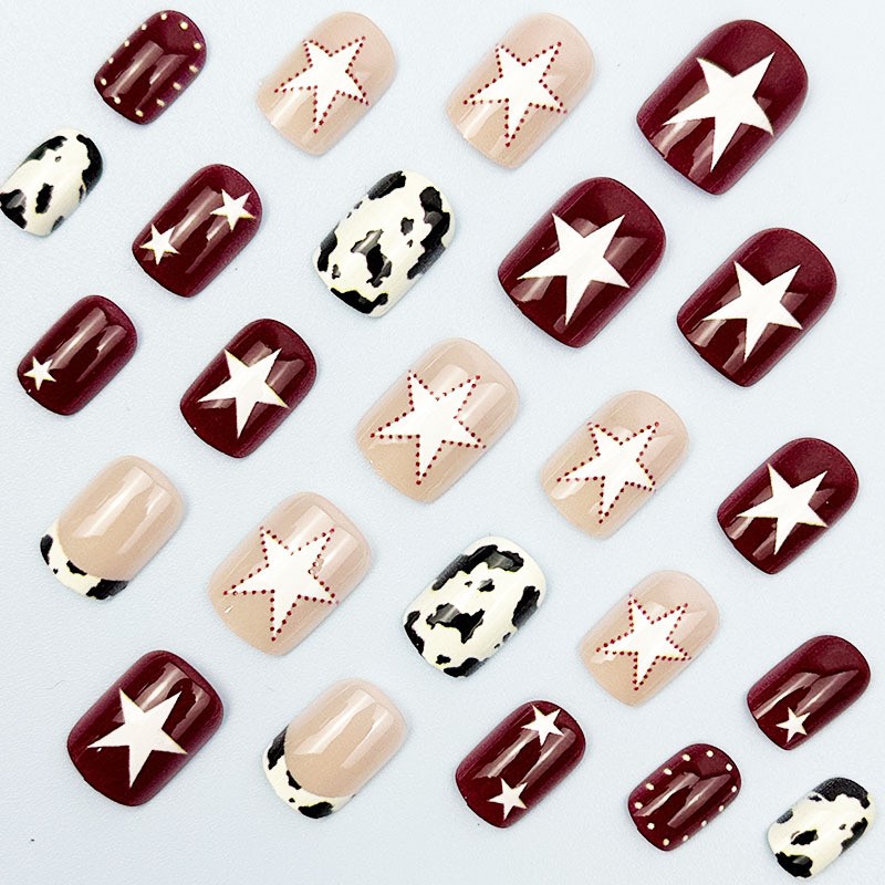48 Pcs Red Cow Star Oval Press on Nails, Minimal Trendy Nude Daily Fake Nails