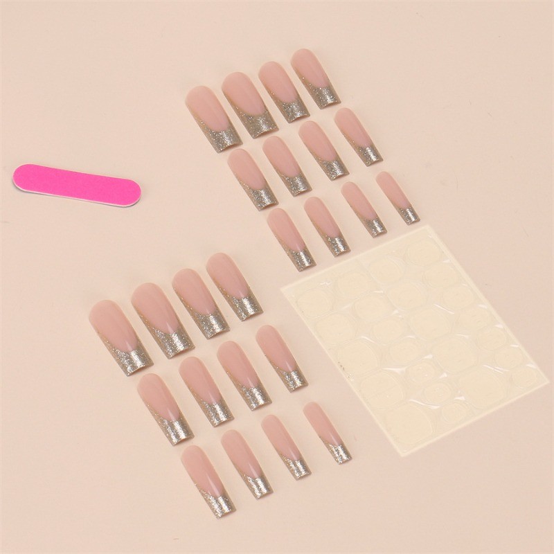 48pcs-Nude Pink Nail with Long Coffin Shape and Sparkle Gold Glitter French Tips