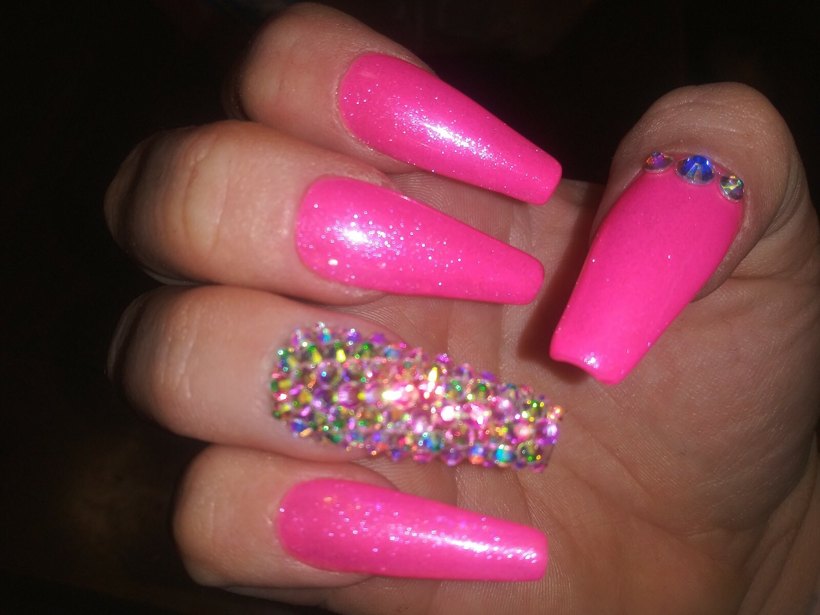 Neon pink Bling Nails-diamond- Gel Full Set ballerina press on nails Any Shape