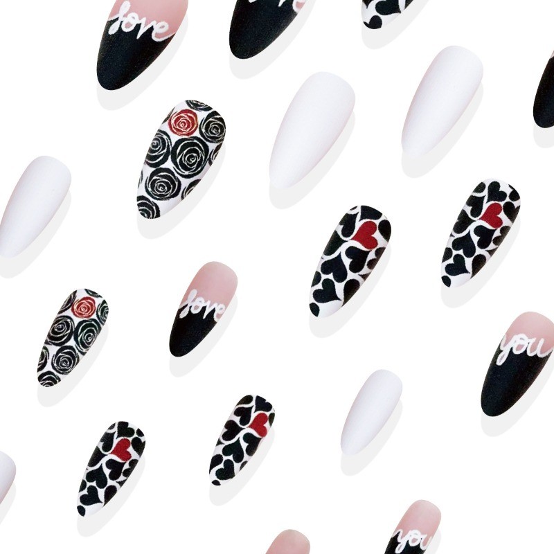 48PCS Long Black and Pink Heart-shaped Rose Nail Press, Reusable Nail Art