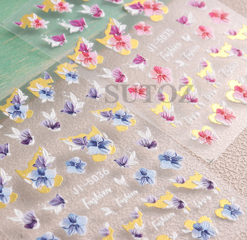 5D Embossed Blue Purple Butterfly Flower Cherry Love Nail Stickers Manicure NS54