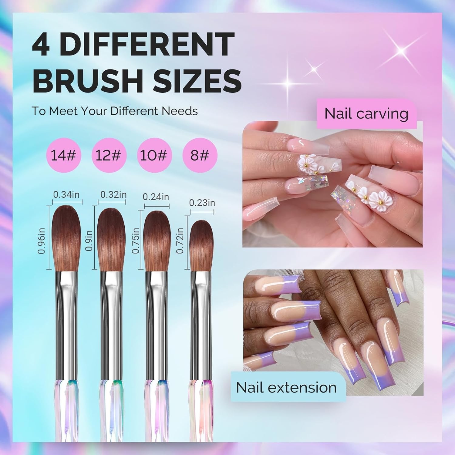 MelodySusie 4Pcs Acrylic Nail Brush Set, Size 8/10/12/14/ Professional Nail Brus