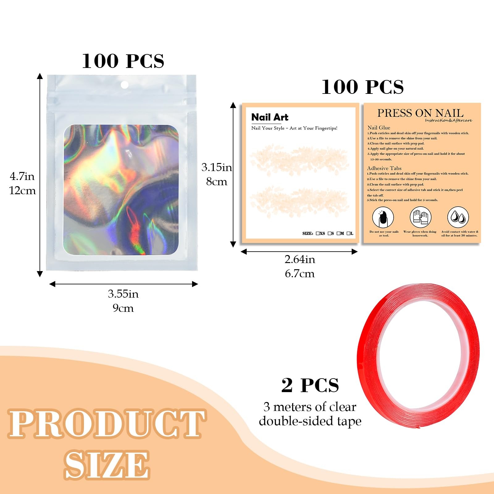 202pcs Press on Nail Packaging Bag Set(White, 100)