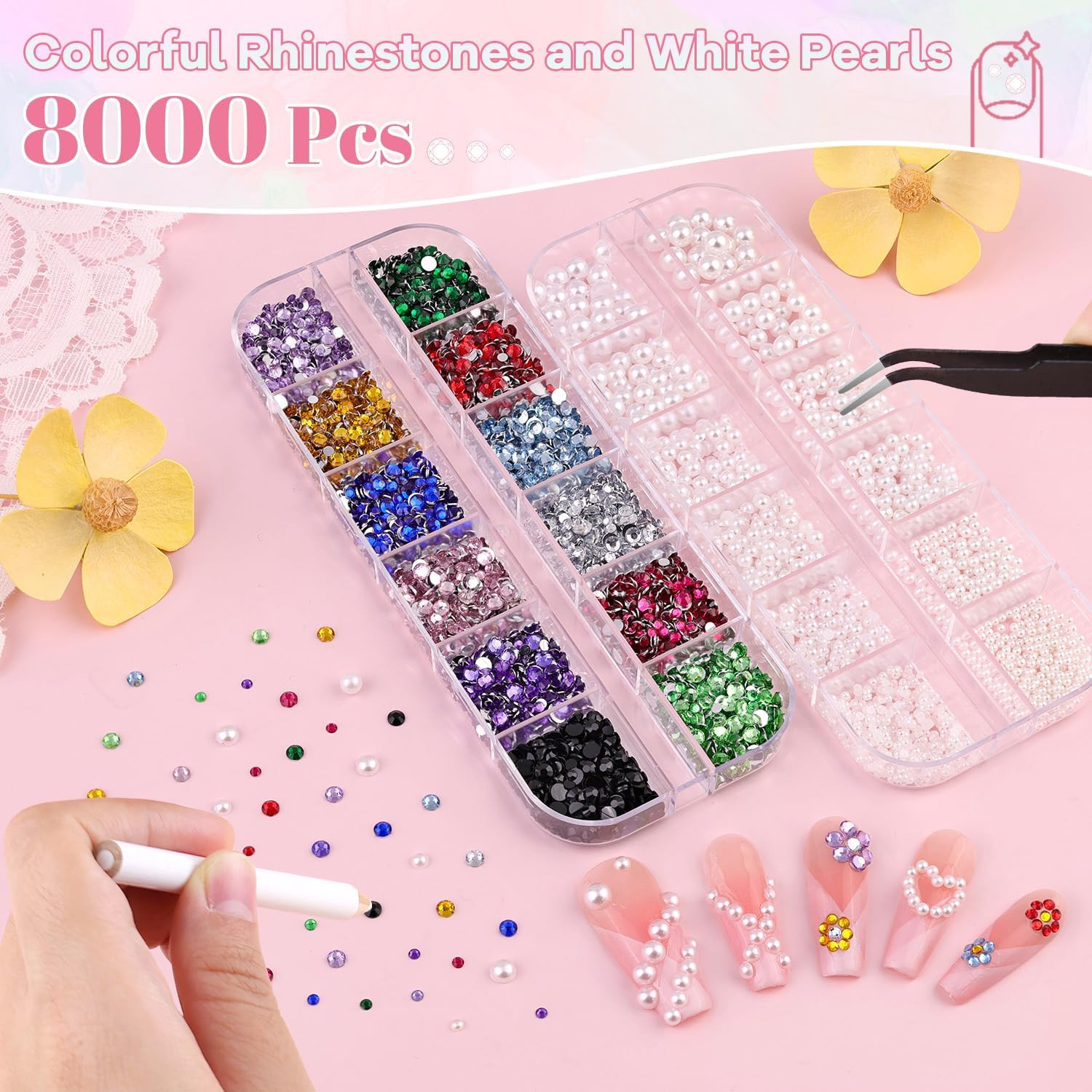 8000Pcs Nail Pearls and Colorful Rhinestones for Nail Art, White Pearl Nail Char