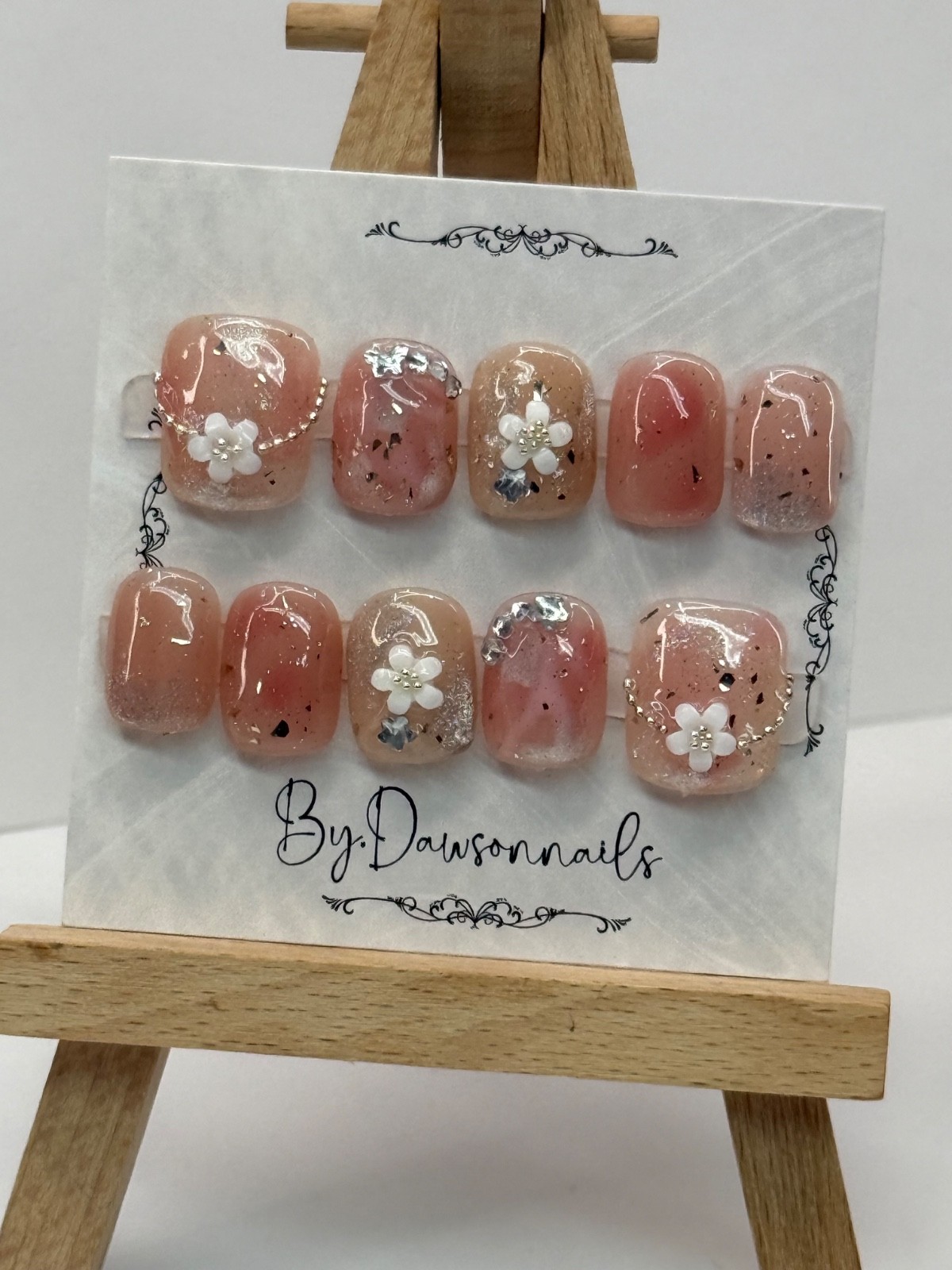 by.Dawson Press on Nails 3D Gel nails floral short square glitter colors sz M