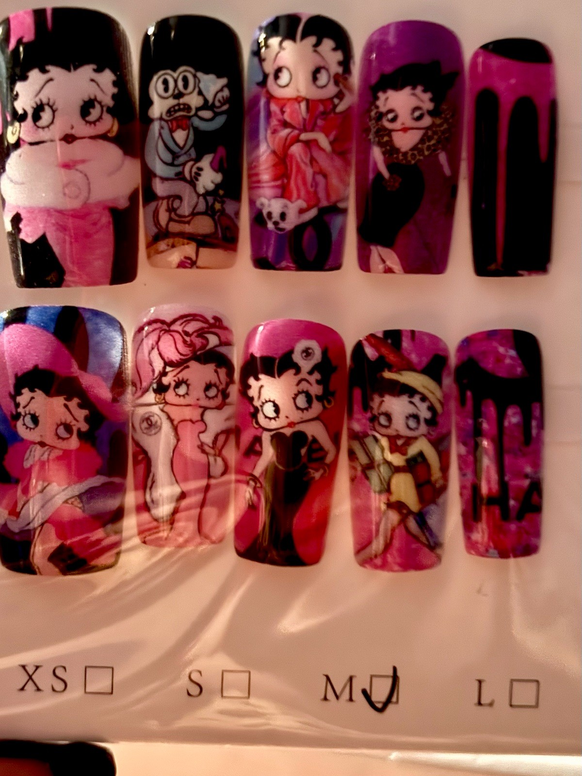 Betty Boop medium size Press-On Nails Coffin Full Cover pink black red