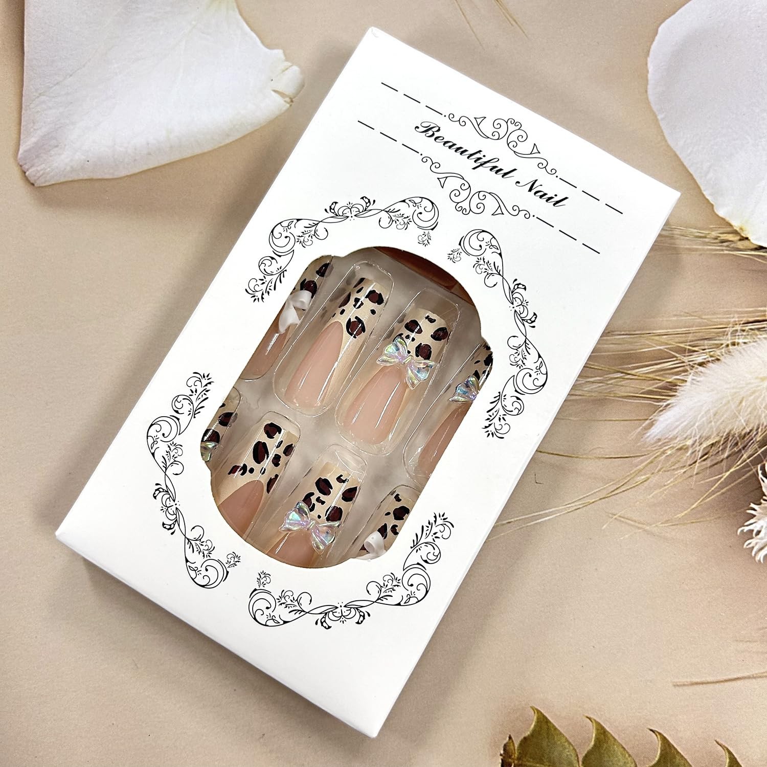 Leopard French Press on Nails Long Length Bow Tie False Nails Full Cover Coff…