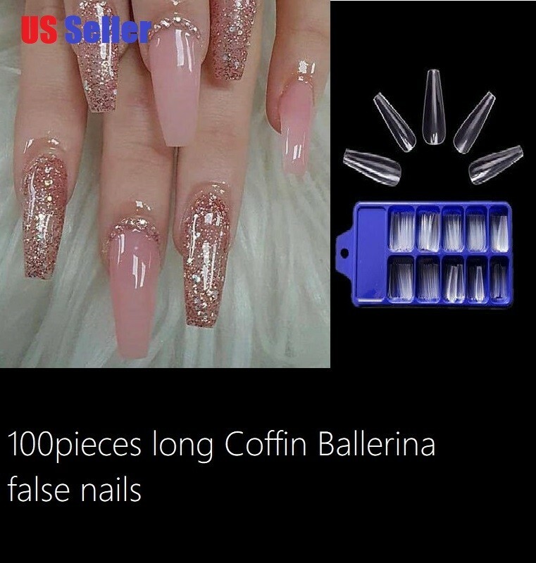 100PCS DIY Long Coffin Nails Tips Acrylic Ballerina Fake Nail Kits