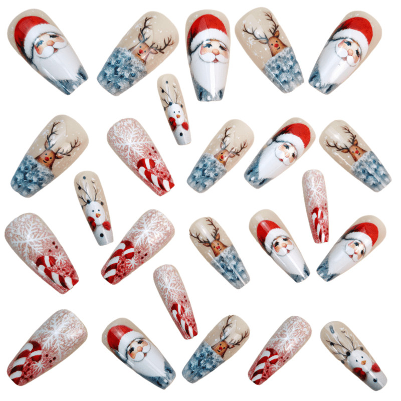 48P Long Coffin Press on Nails, Silver Glitter Santa Reindeer Holiday Fake Nails