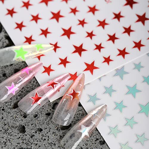 12 Colors Stars Nail Art Stickers, Laser Gold Silver Red Five-Pointed Star