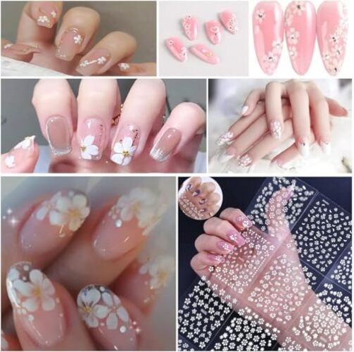 SPLOCUDU 3D White Flower Nail Art Stickers with Rhinestones – 3D Nail Decals