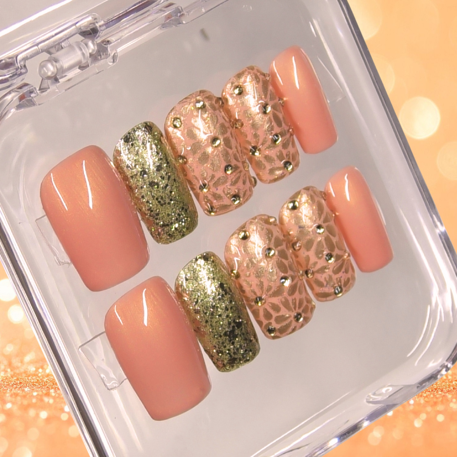 Press On Nails Handmade, Square Short, Size Large, Peach & Gold Retro Flowers