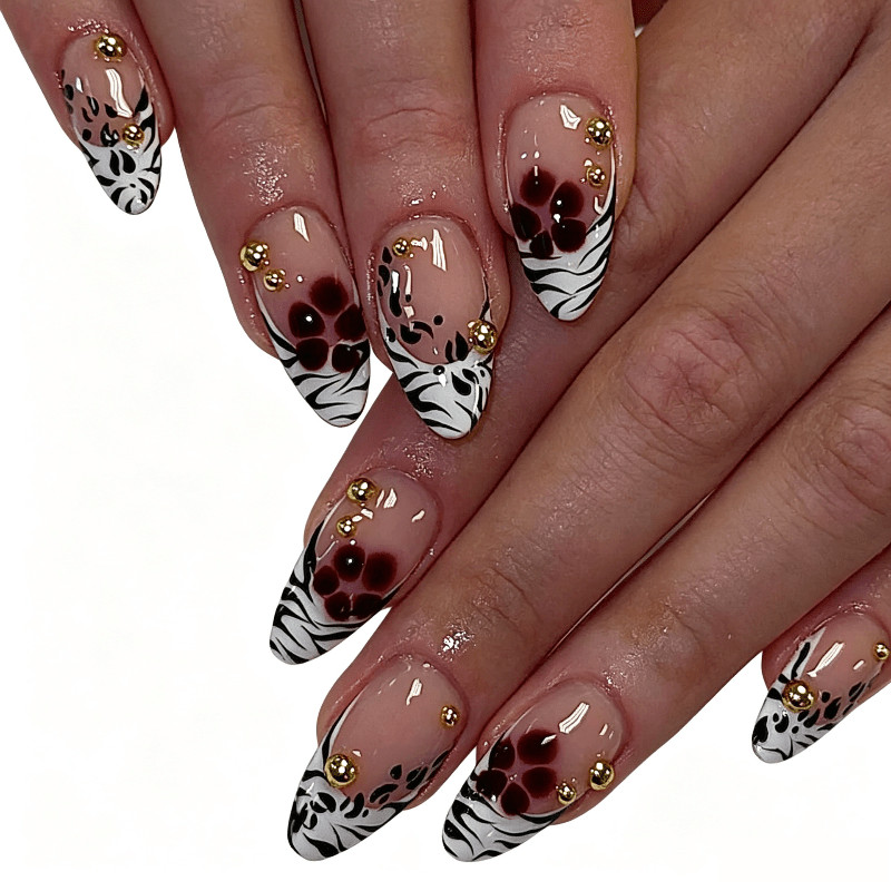 48Pcs-Long Almond Nude Zebra Print Burgundy Flower Gold Stud Press on Nails Set