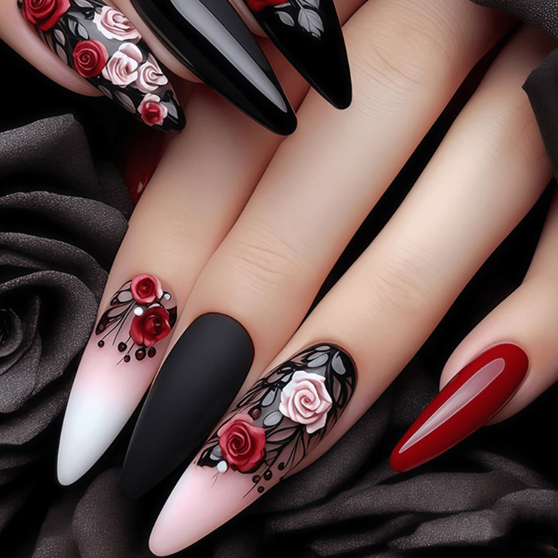 48pcs Stiletto Press on Nails, Black Red Ombre 3D Rose Gothic Manicure Nails