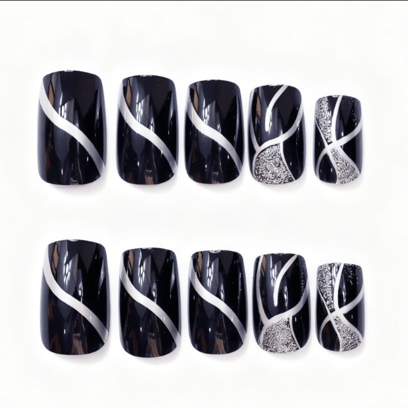 48 Pcs of Blue Silver Gray Blue Sparkling Fake Nails, Suitable for Women’s Nail