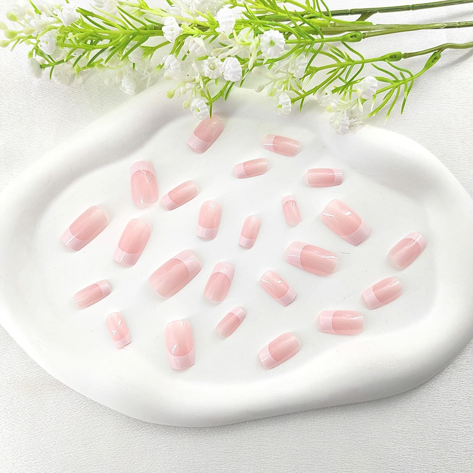 Medium Press on Nails Square White French Tip False Medium, Light Pink