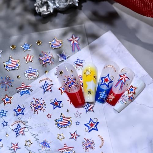4th of July Nail Stickers Metallic Gold Star Decals – Red White – Color A43