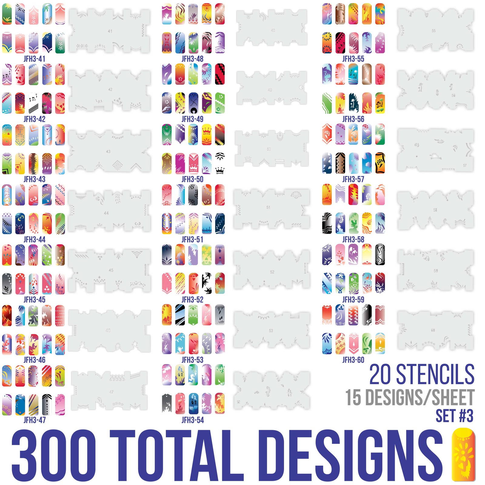 Set 3 240 Airbrush Nail Art STENCIL DESIGNS – 20 Template Sheets Kit Brush Paint