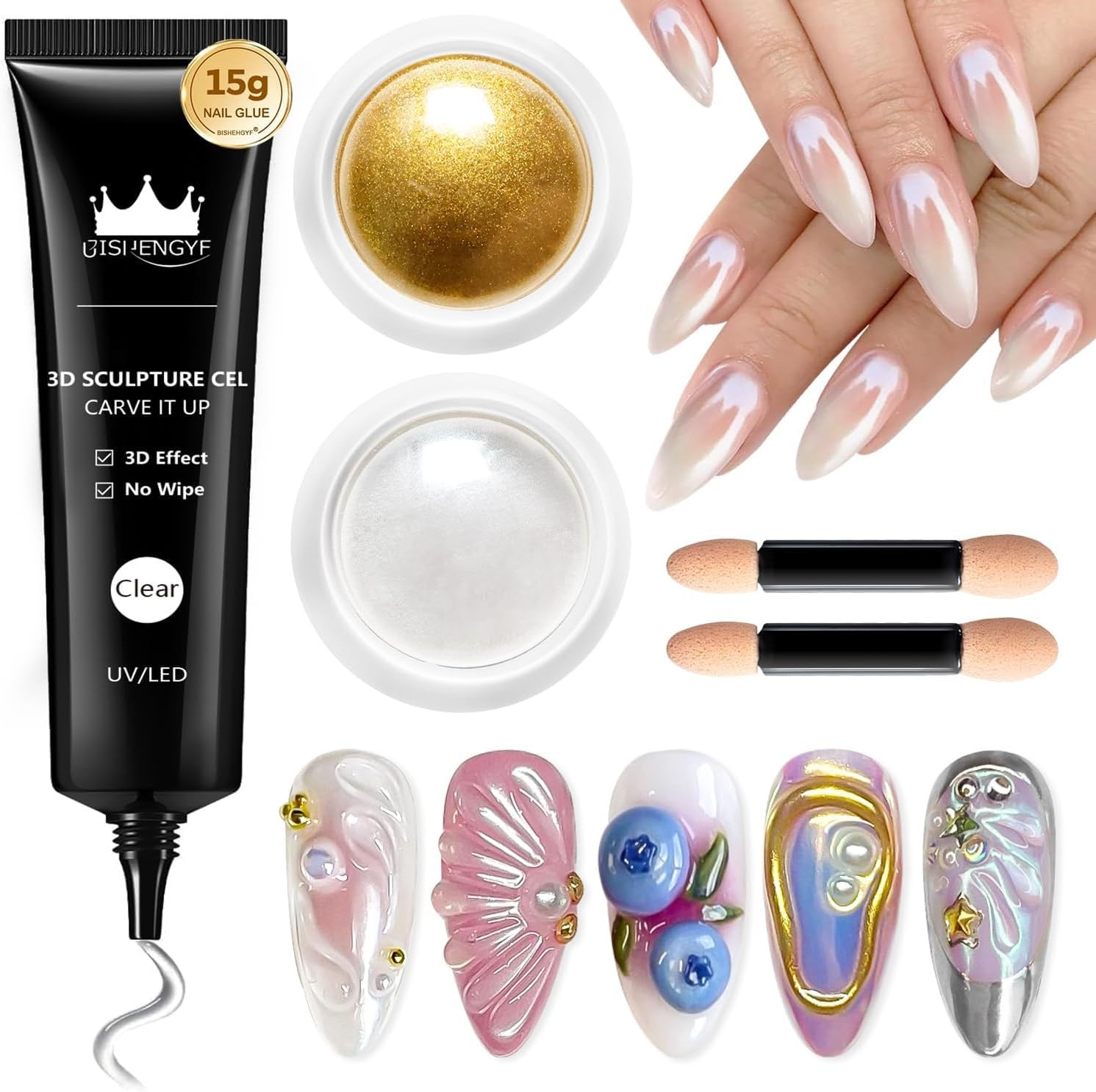 3D Nail Gel Art – 15G Sculpting Gel Nail Glue with Gold White Chrome Nail Powde