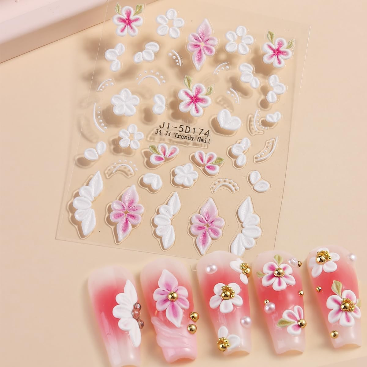 5D Embossed Flowers Nail Art Stickers, 5PCS Self-Adhesive Pink White Flower Stic
