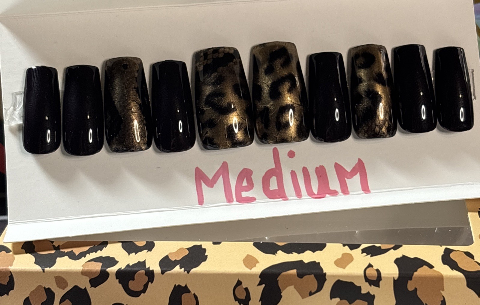 Press-On Nails Medium Square Black&Brown Animal Print Sz Medium