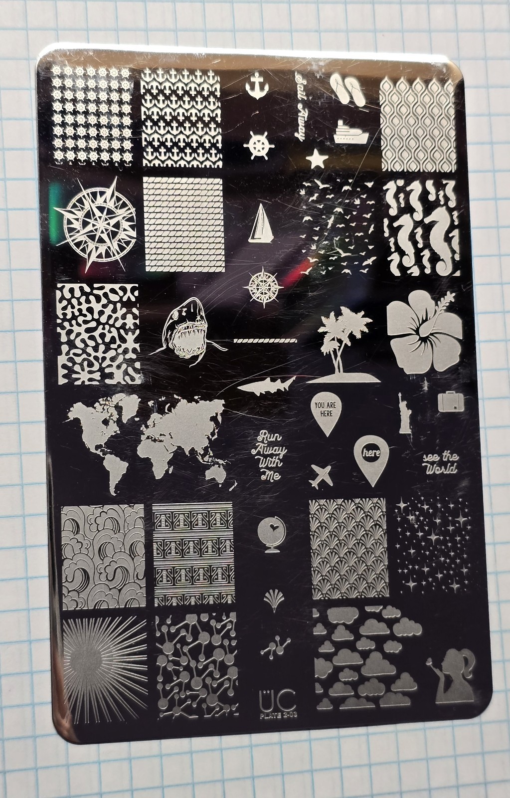 UBER CHIC UC 2-03 Nail Stamp Plate UberChic Travel Around The World Shark Ocean