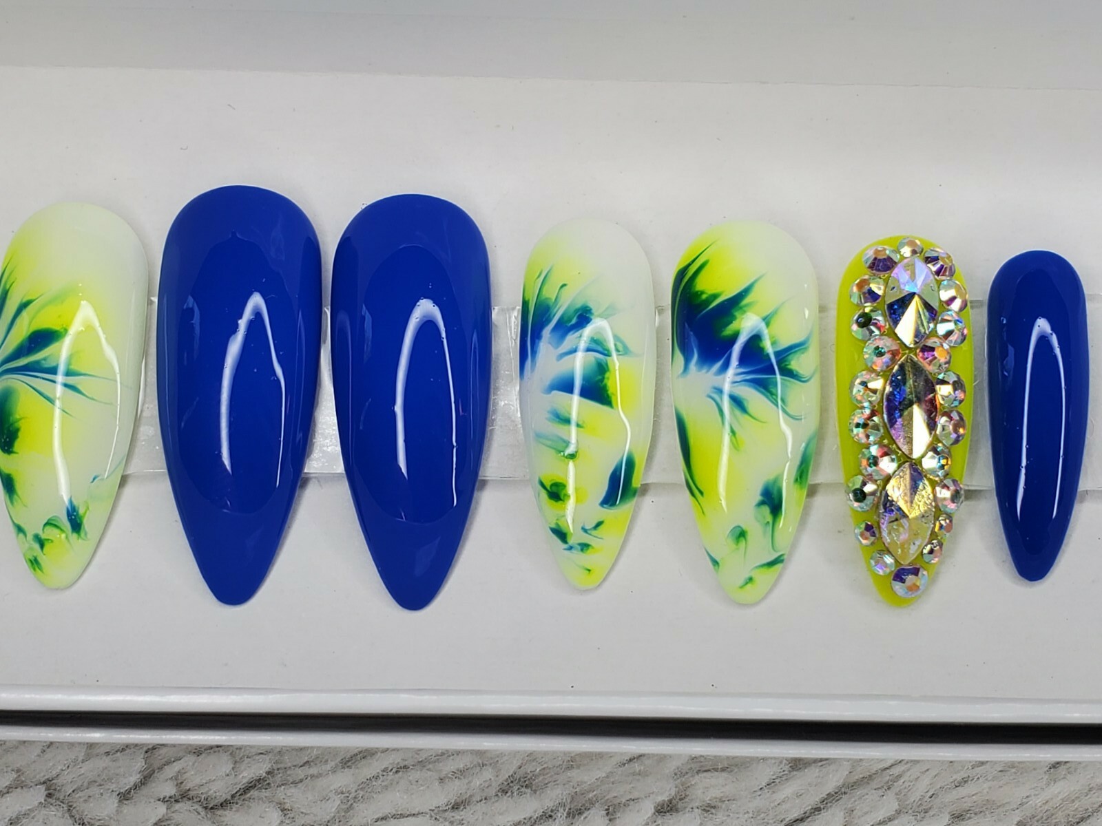 neon yellow white blue tie dye bling press on nails watercolor stiletto crystals