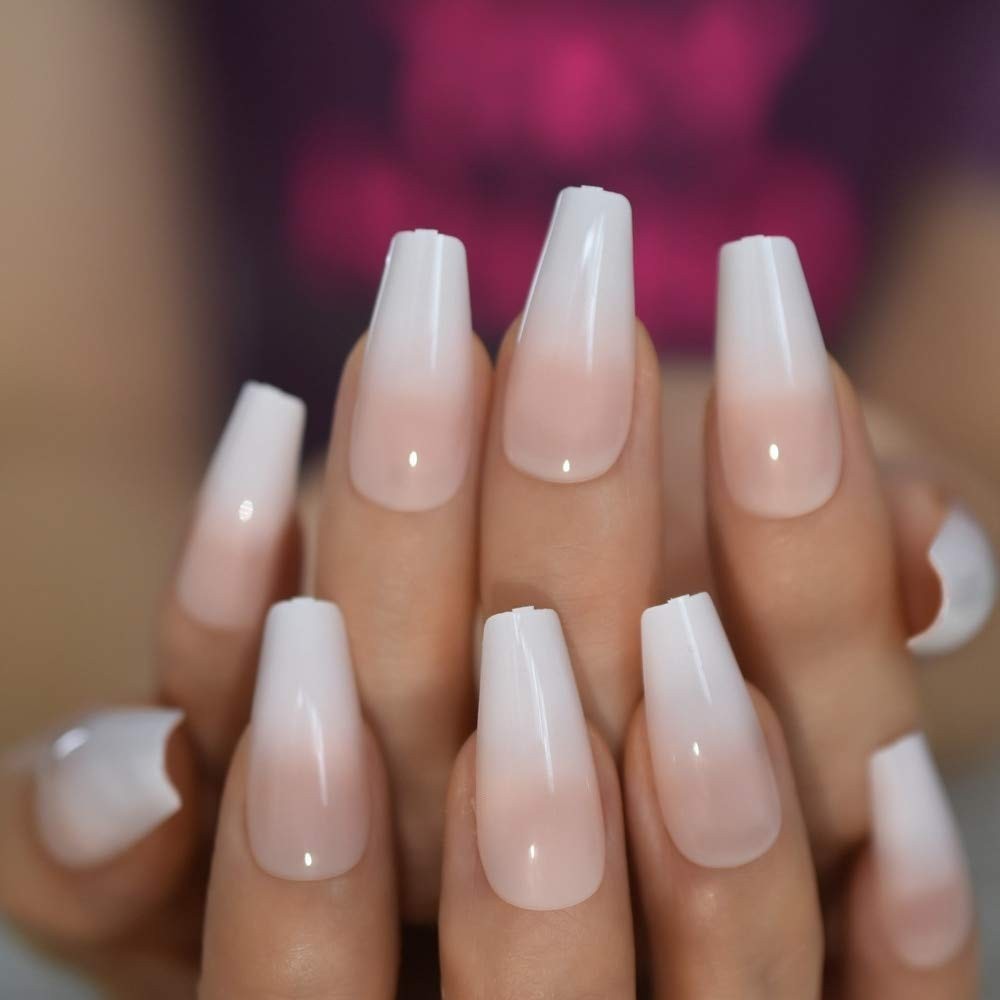 Reusable False Nails Ombre Pink White Gradient Coffin Shape for Easy Application