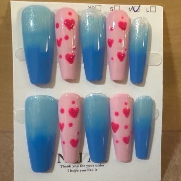 Blue Ombre and Pink Heart Coffin Press On Nails Size Medium Long Manicure