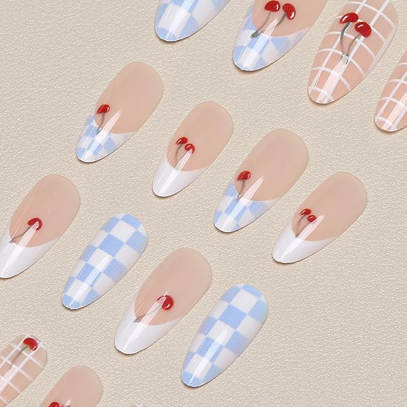 24Pcs Lattice Press on Nails Medium Almond Fake Nails with Cherry Design Glue…