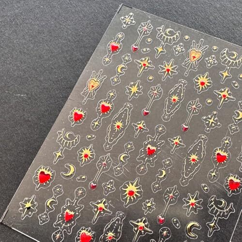 5D Embossed Gold Star Nail Stickers Red Heart Nail Decals Star Moon Style-23