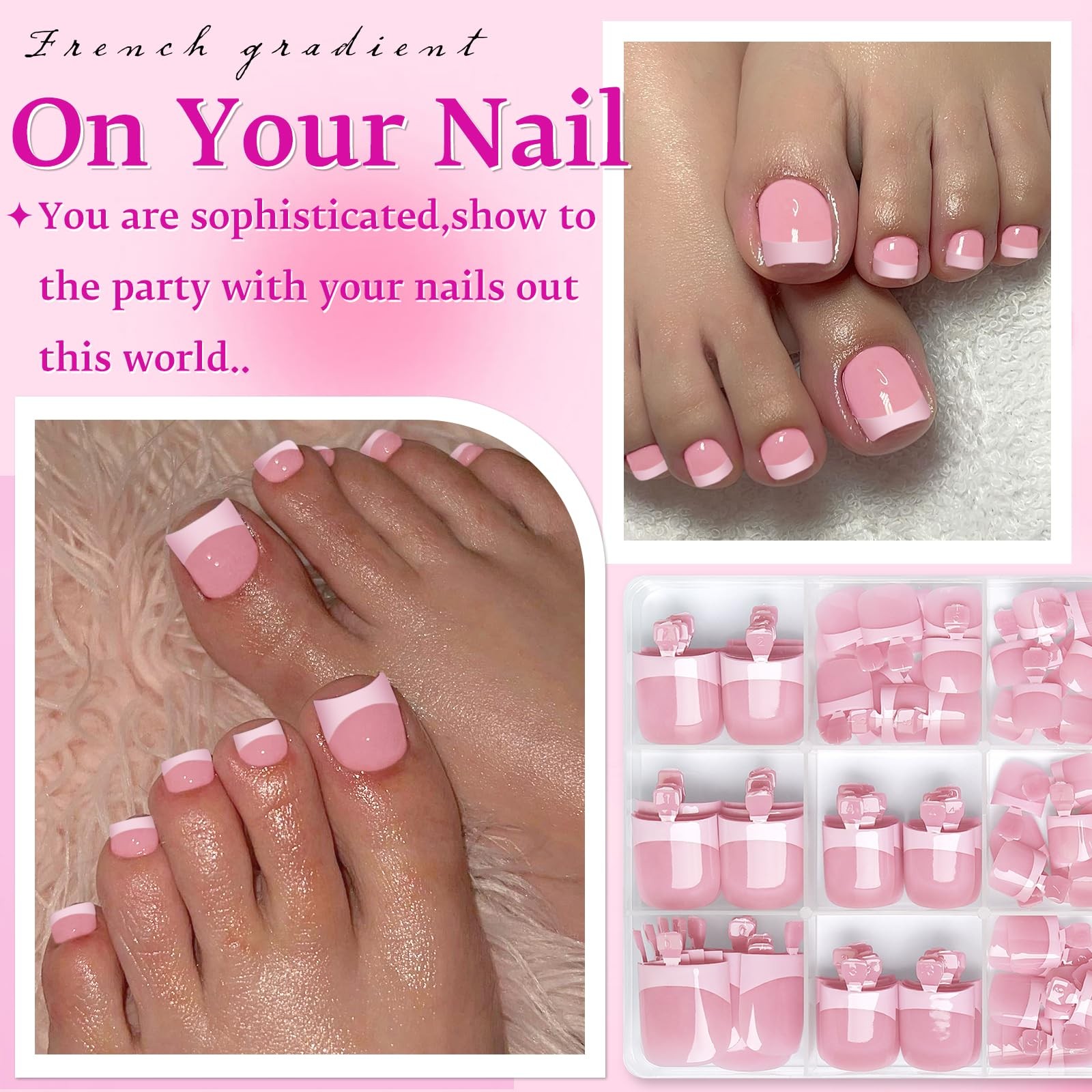 180pc Pink French Tip Press on Toenails Women Glue on Toe Nails, French Fake …