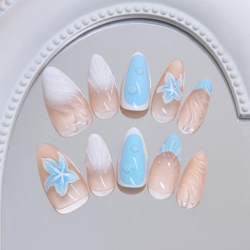 30Pcs Sea Blue Press on Nails Medium Almond Fake Nails Icy Lily Floral 3D Bub…