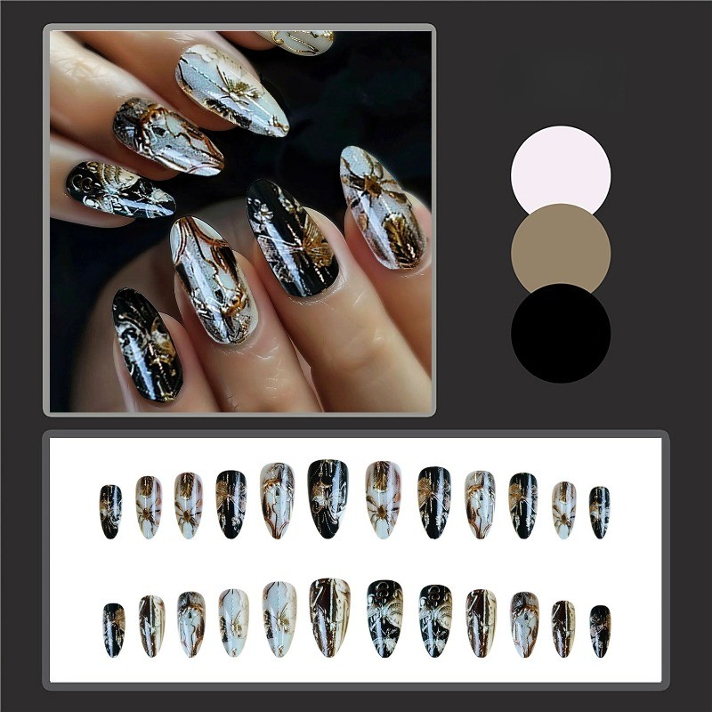 48pcs-Abstract Gold Foil Press on Nails, Almond Black & White with Art Design