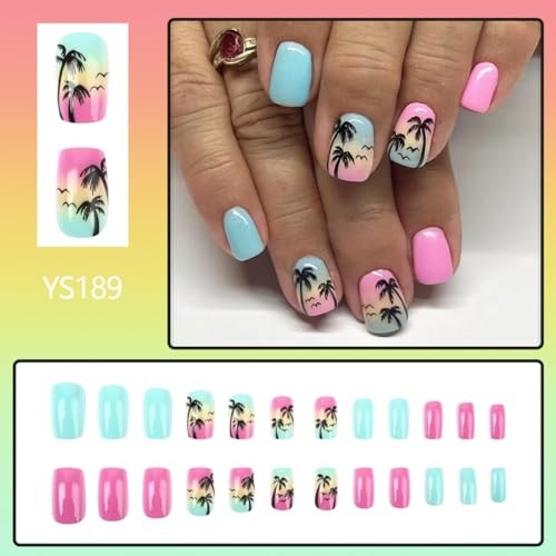 24Pcs Summer Press on Nails – Short Palm Tree Fake Nails – Square Blue Pink
