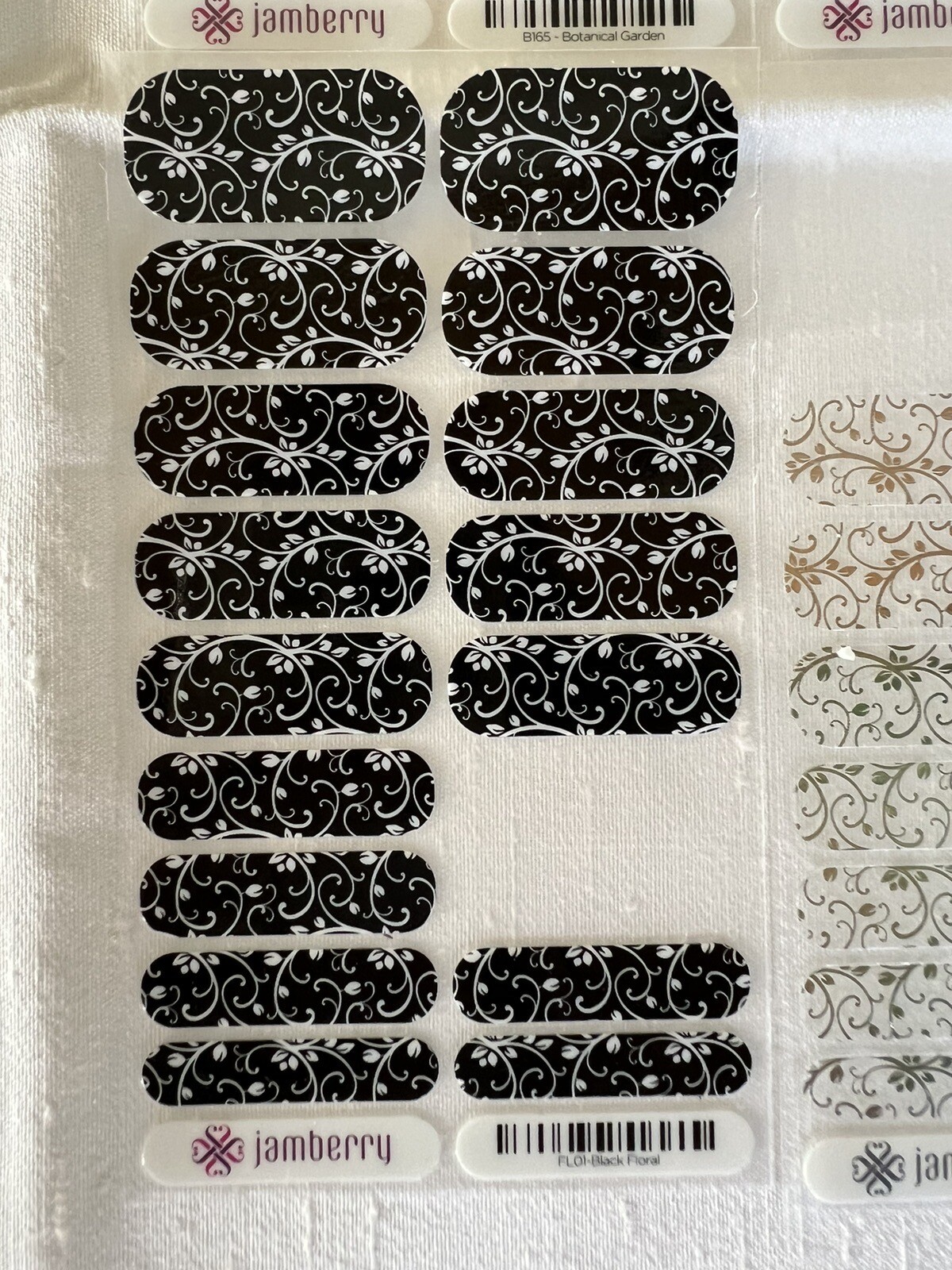 Jamberry Nail Wraps, Botanical Garden, Memory Lane, Black Floral, Silver Floral