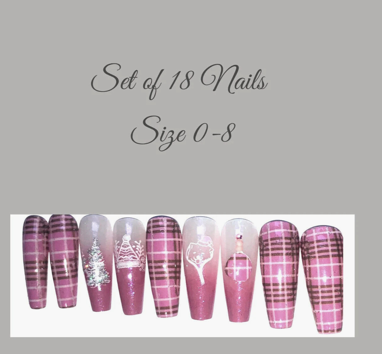 Pink Plaid Press-On Nail Set – Ex-Long Ballerina (Size 0-8)