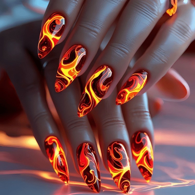 48 pcs of flame patterned flowing fake nails – detachable flowing textured nails