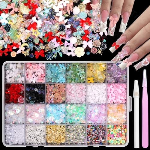 3D Mixed Nail Charms Kit, Colorful Rose Tiny Flowers Bows Nail Art Set-1