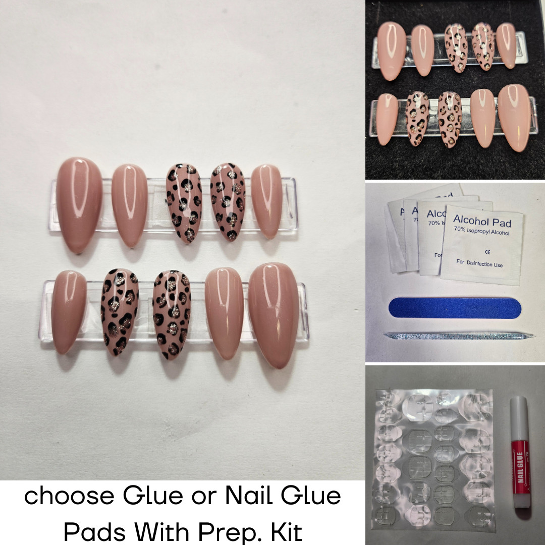 Hand Painted, Long Almond Press on nails – nude w/ black & gold leopard print