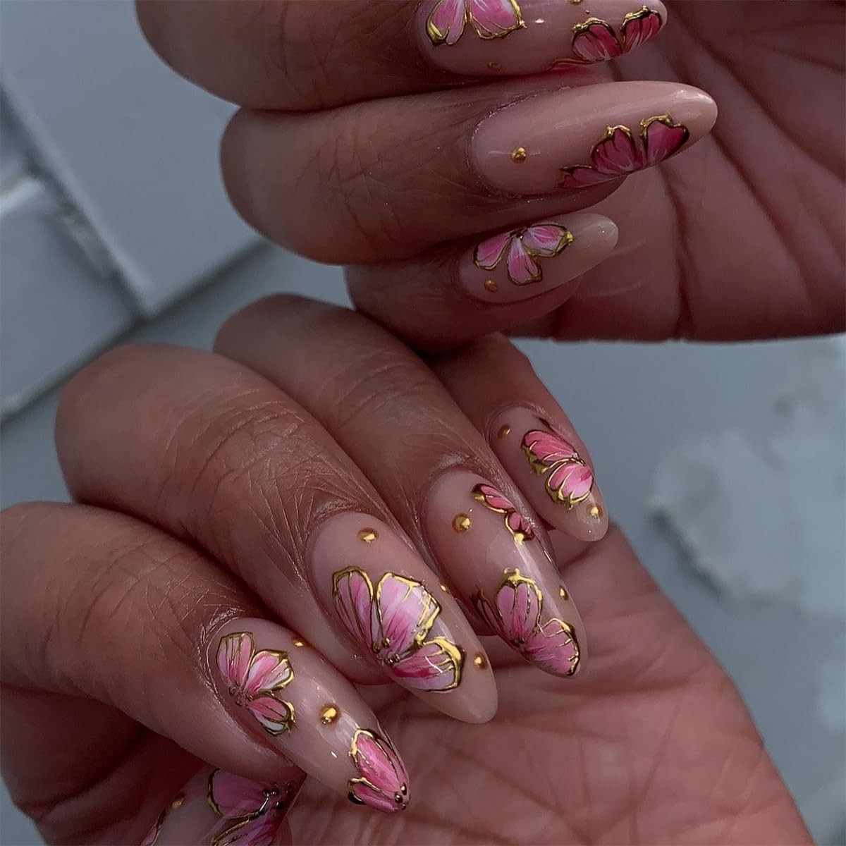 24 Pcs Pink Press on Nails Short Almond,Fake Nails Press ons Nail Tips Full C…