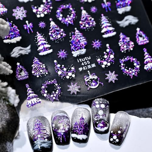 1 Sheets Purple Christmas Nail Art Stickers Embossed Xmas Snowflake Nail Wen-21