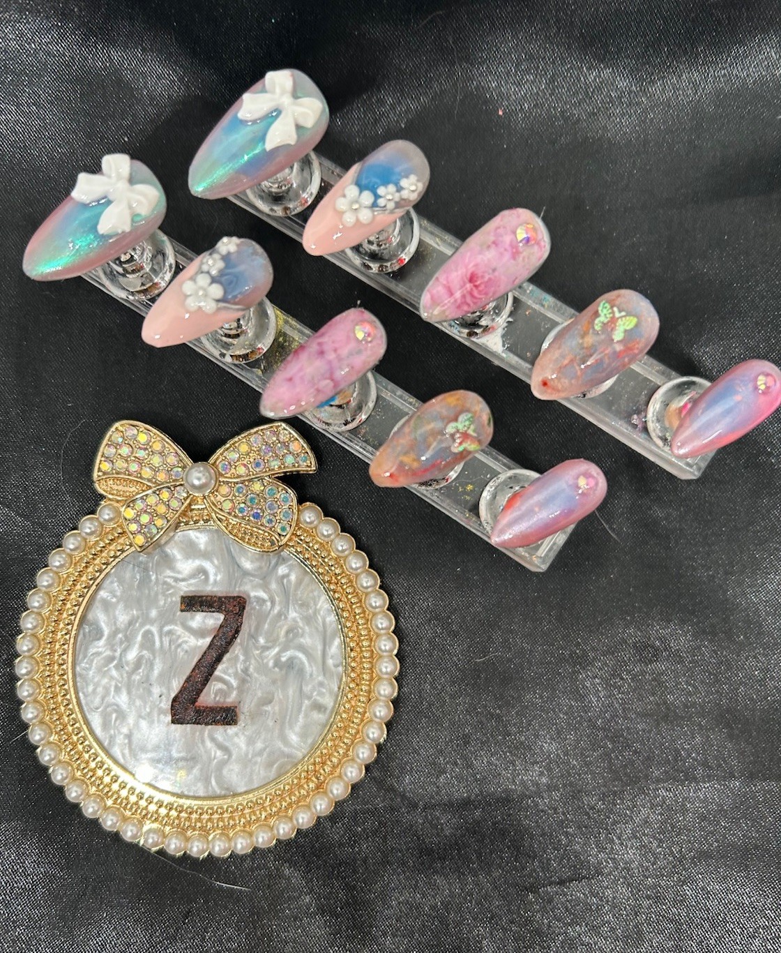 Z NAILZ! Handmade M Almond Pink Floral With Embellishing Press On Nails